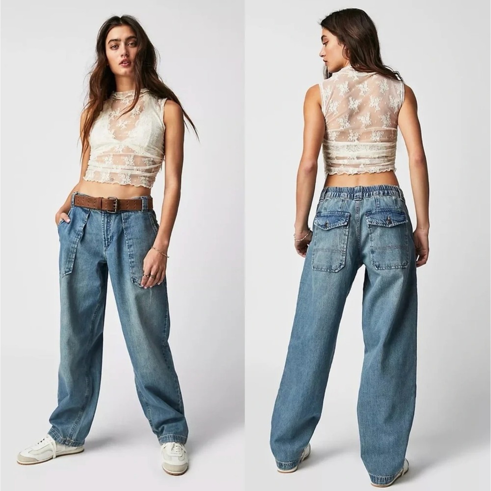 Free People We The Free Maeve Low-Slung Oversized Jeans Large Blue Wide Leg